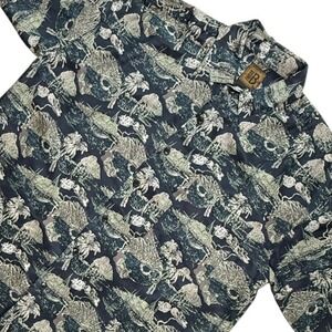 Bruno B Mens 100% Silk Tropical Island Print Button Down Shirt Navy Green Large